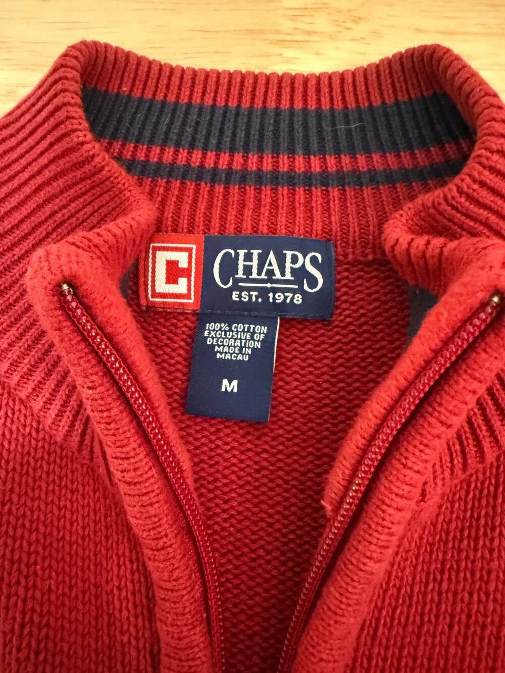 Chaps Men’s Red Quarter Zip Sweater Medium 100% Cotton Navy Stripe Pullover